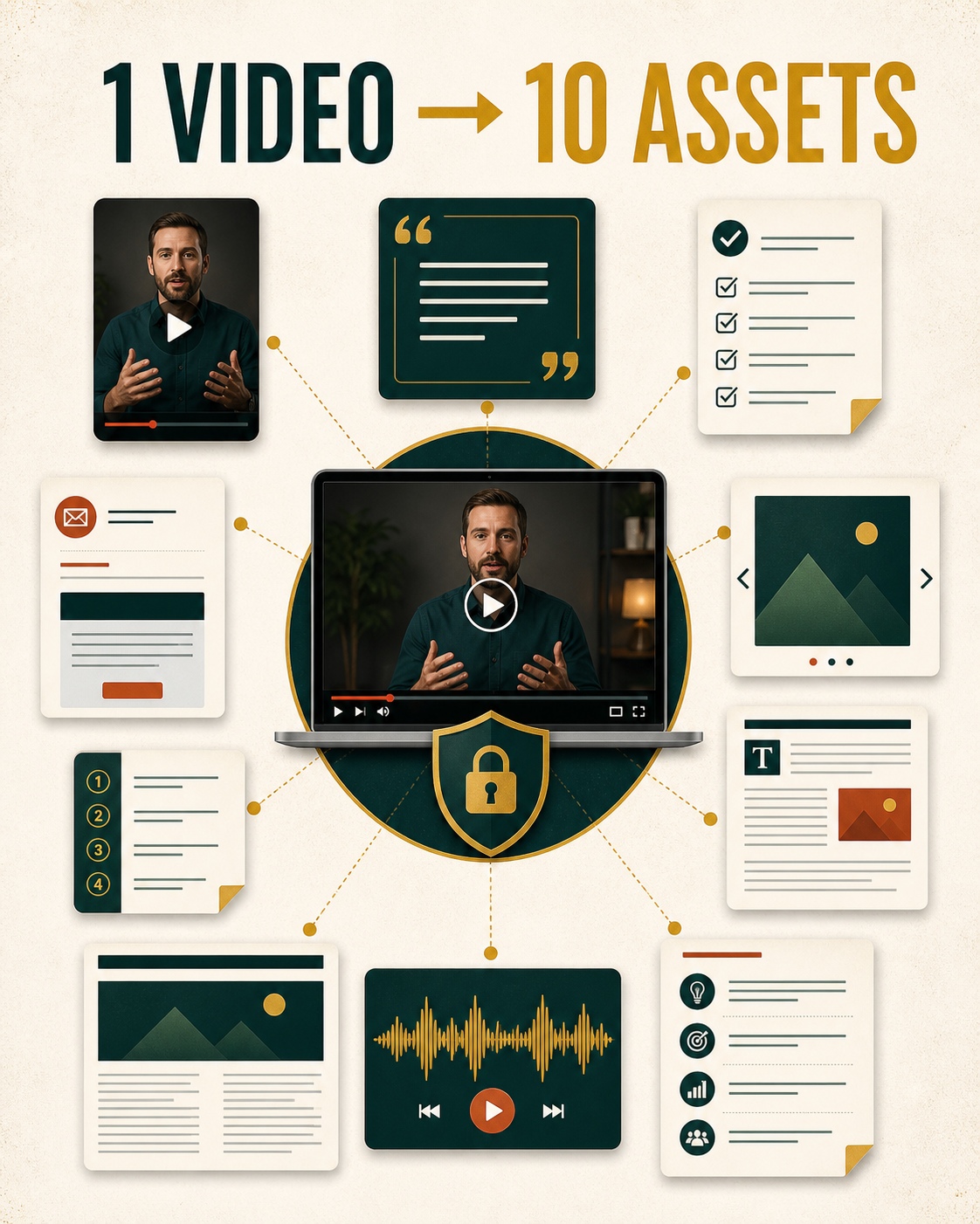 One protected source video connected to ten distinct derivative content cards such as a clip, quote, checklist, email, carousel, article, and audio asset.