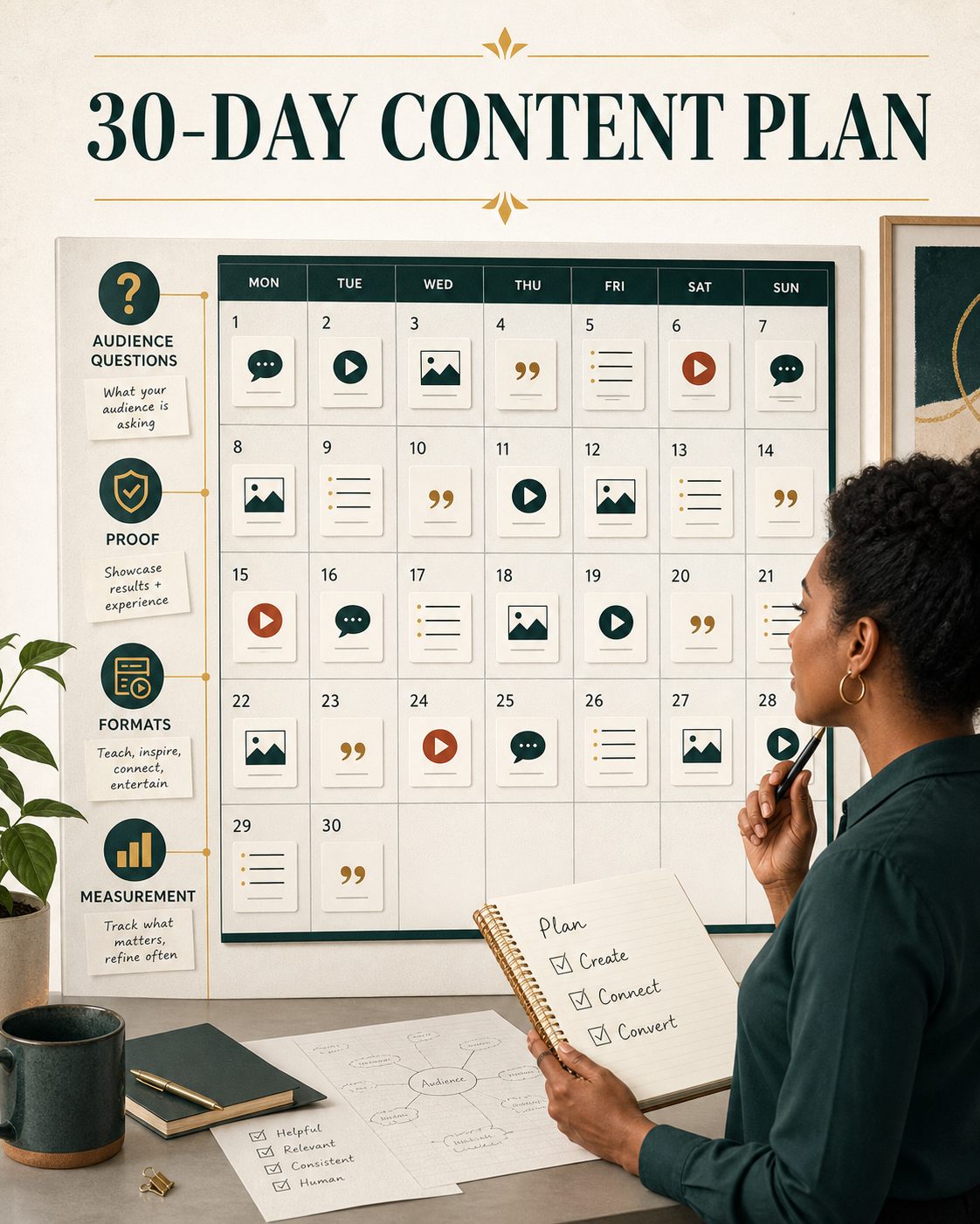 A 30-day content calendar connected to audience questions, proof, formats, and measurement while a human editor reviews the plan.