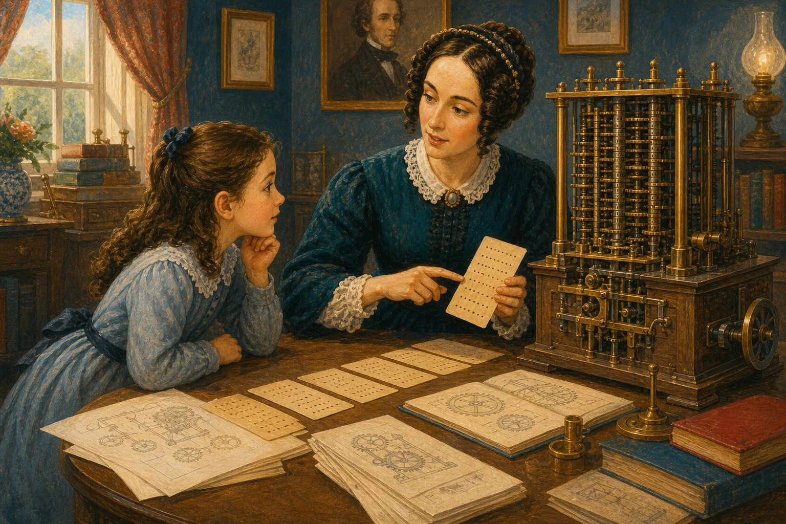 Children and adults using an abacus, clock, and map as thinking tools before electronic computers