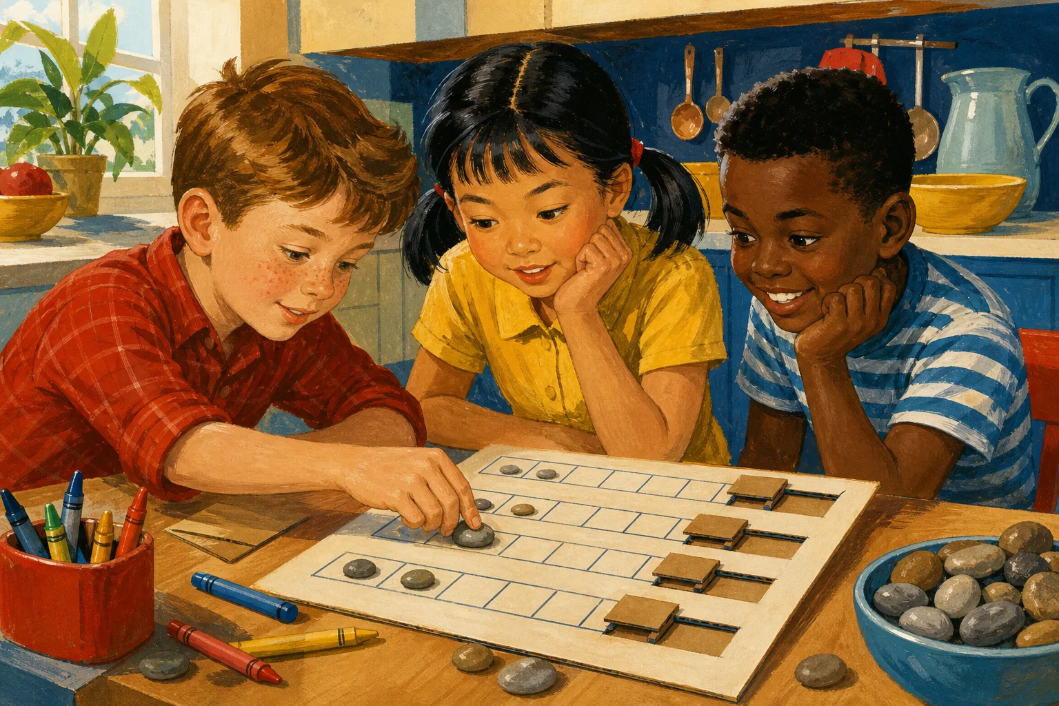 A child moving pebbles among ten paper boxes to make a simple counting machine