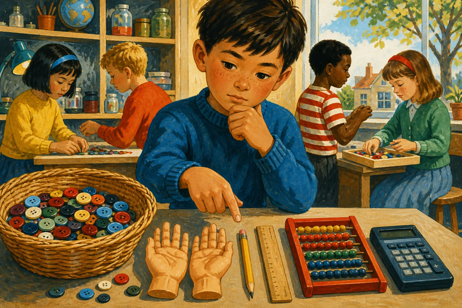 A child choosing a goal while several counting tools wait to be used