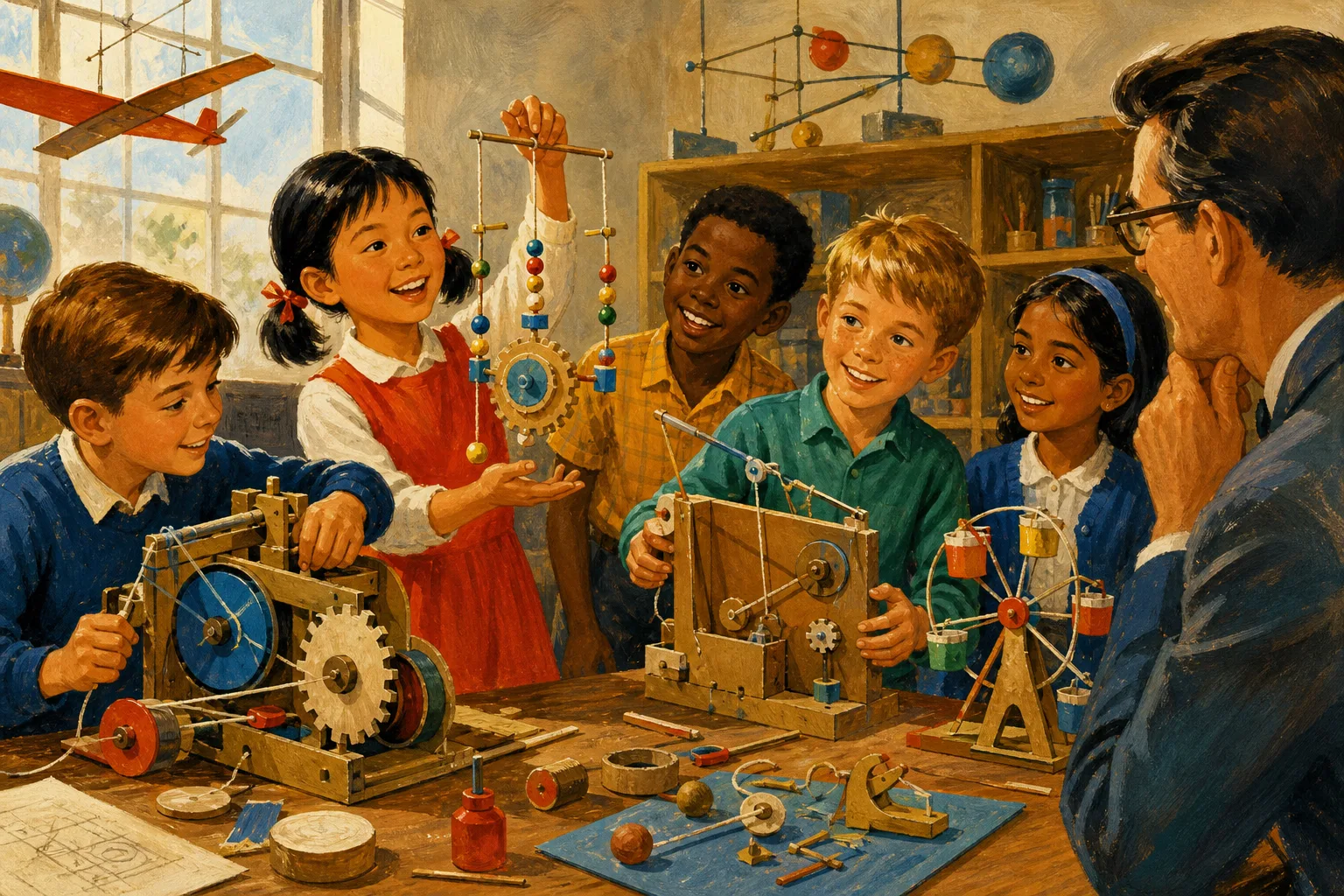 Children sketching their own helpful inventions using shapes, cards, and moving parts