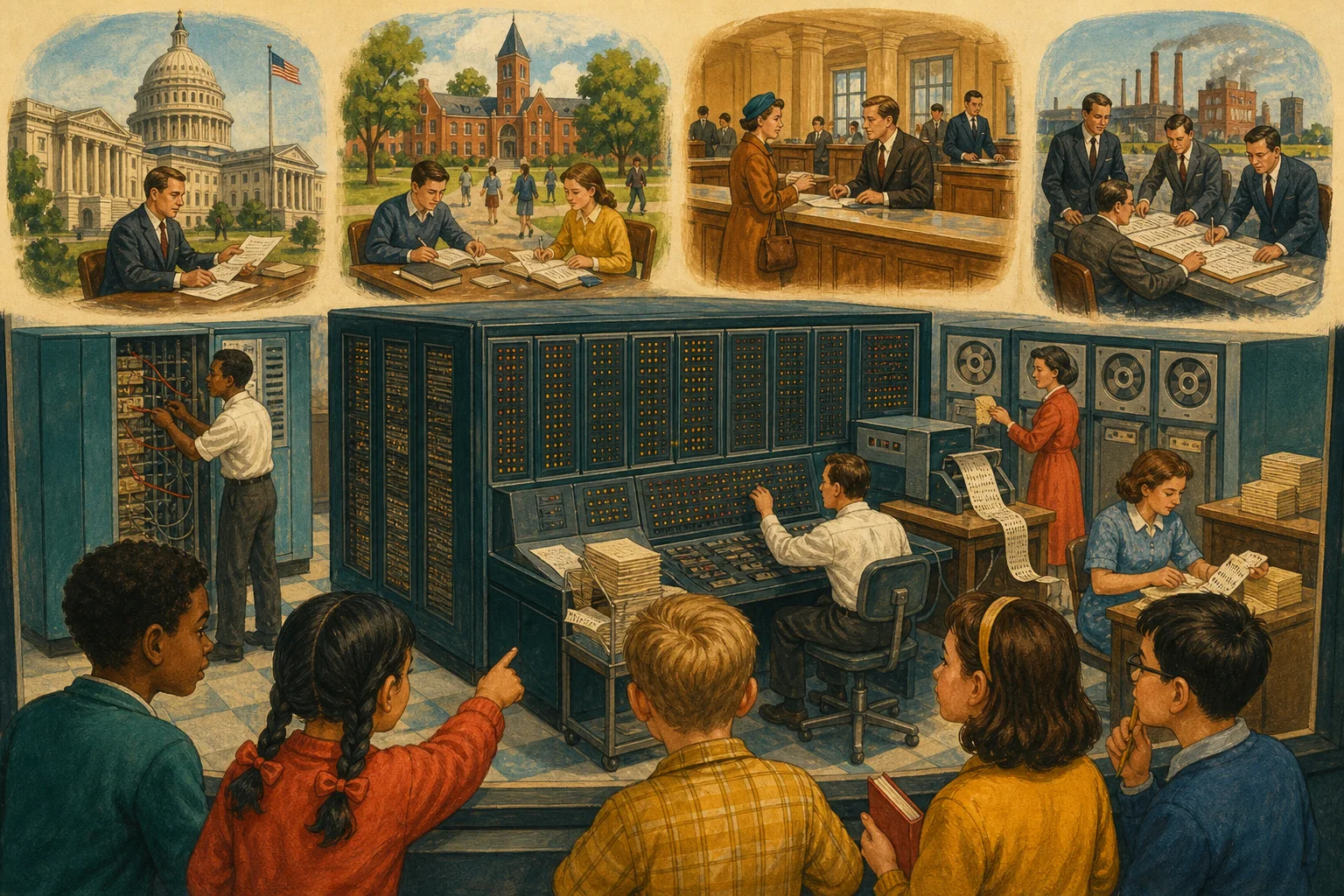 Illustration for “Meet the mainframe”: A mainframe is one big computer shared by many people.