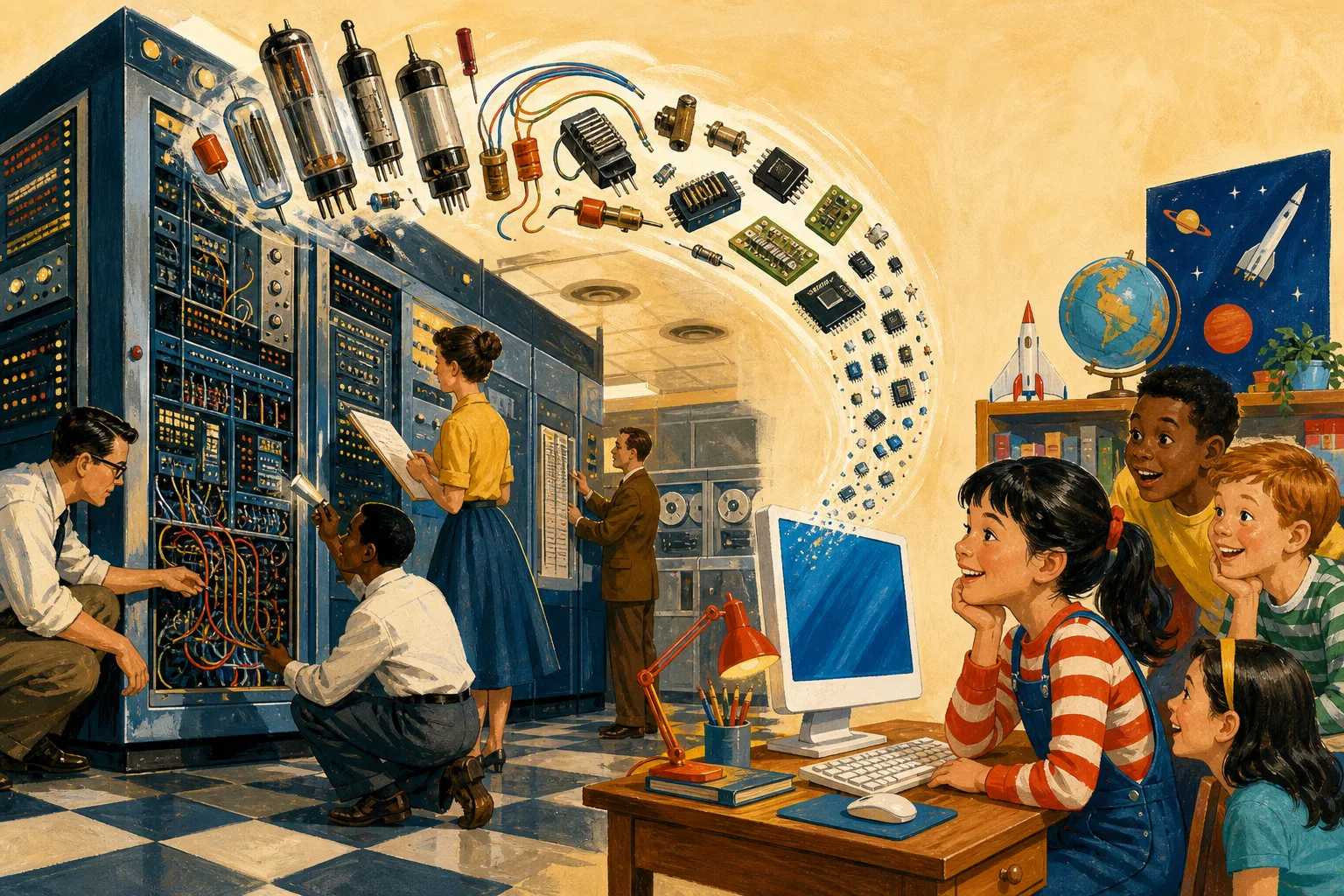 Illustration for “From rooms to desktops”: The computer shrank, but its job stayed familiar.